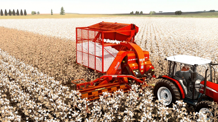 fs22-mods,  FS22 mods: Dolbi Javiyu Pack harvesting cotton with a tractor in a vast field, showcasing Farming Simulator 22 equipment.