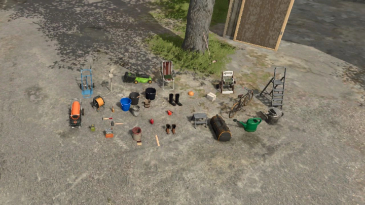 fs25-mods,  Elmcreek Props v2.0.0.0 for FS25, showcasing various farming tools and objects on a concrete surface.