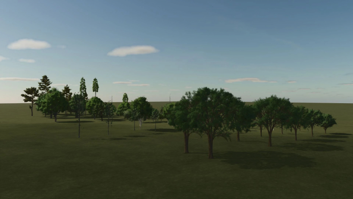 fs25-mods,  FS25 mods Empty Map EU v1.0.0.0 scene with open grassy field and scattered trees under a clear sky.