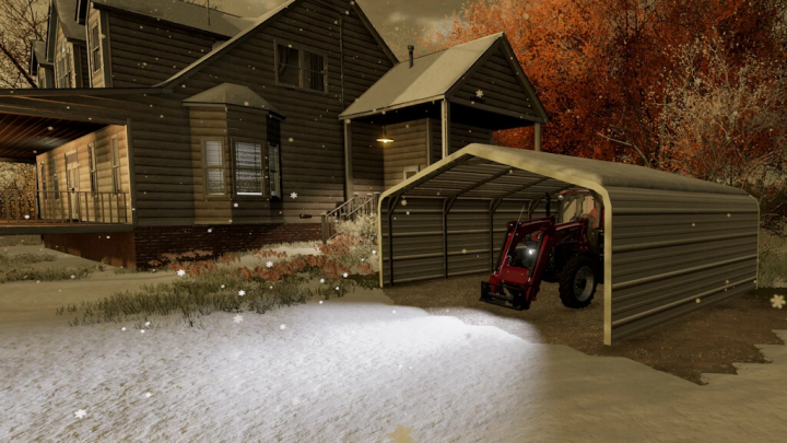 fs22-mods, FS22 mods Enclosed Carport v1.0.0.0 showing a red tractor parked under a metal carport beside a wooden house in snowy landscape.