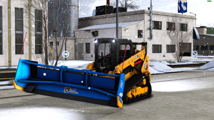 fs22-mods, Immagine del mod FS22 che mostra Kage Plow v1.0.0.0, attaccato a un caricatore in un ambiente urbano innevato.