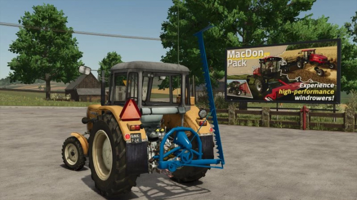 fs25-mods,  FS25 Lizard Bolt 752 tractor mod showcased in Farming Simulator 25, featuring a MacDon Pack advertisement in the background.