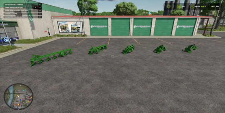 fs25-mods, FS25 mods: Plow Pack v1.0.0.0 displayed in Farming Simulator 25, showcasing multiple green plows in a parking lot.