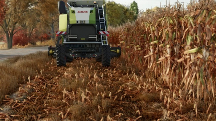 fs25-mods,  FS25 mods: A combine harvester presses stubble in a cornfield in Farming Simulator 25's Pressed Stubble mod.