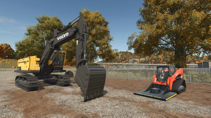 fs25-mods,  FS Miner mod pack V Beta in FS25 showing a Volvo excavator and red loader on a farm.