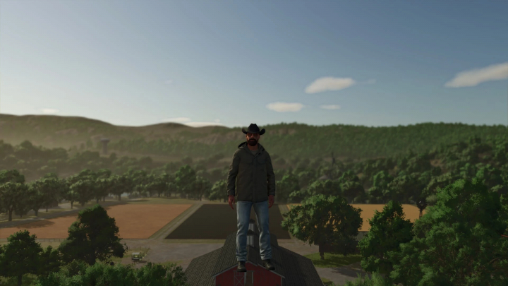 fs25-mods,  Character standing on barn roof in FS25 mod Farming Essentials v1.0.0.0 with scenic farm view.