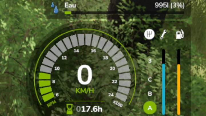 fs25-mods,  Farming Simulator 25 mod interface showing water level and speedometer from Faster Fastwind Wheel Medium Water v1.0.0.0.