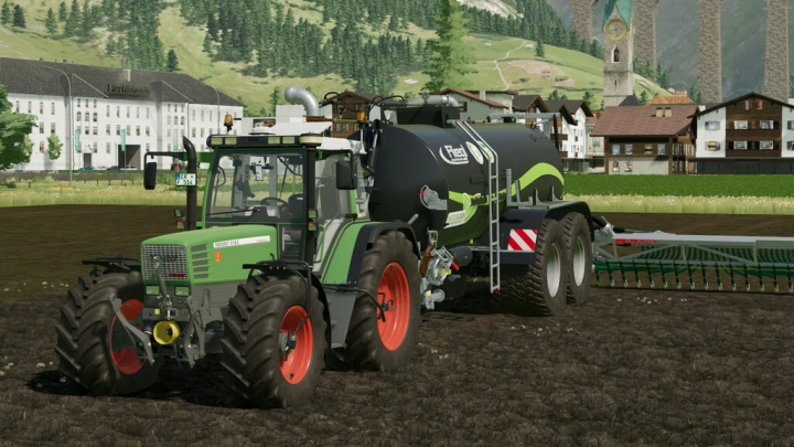 fs22-mods,  Fendt Favorit 500C Traktor mit Güllefass im FS22 Mod, Landschaftsszene in Farming Simulator 22.