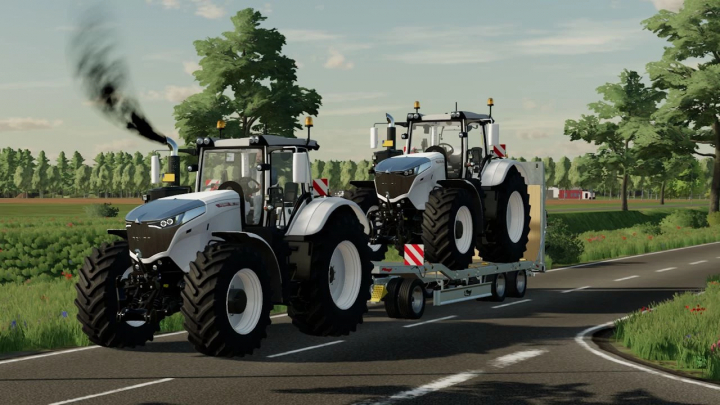 fs22-mods,  Two Fendt Vario 1000 Snow White tractors driving on a road in FS22 mod.