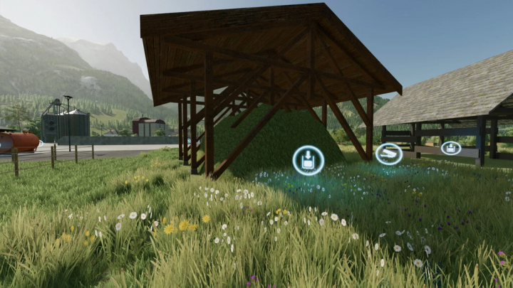 fs22-mods,  Field Barn Package v1.0.0.1 mod in FS22, showcasing a rustic barn in a grassy field with interactive icons.