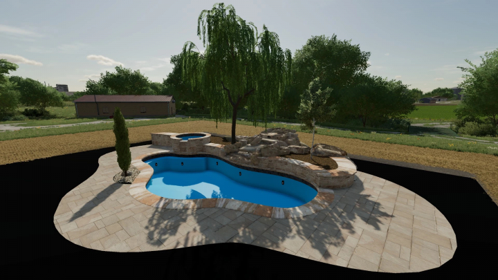 fs22-mods,  FS22 mod Fillable Pool v1.1.0.0 featuring a landscaped pool with surrounding tiles and trees in Farming Simulator 22.