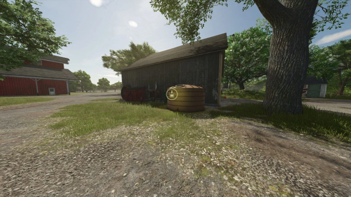 fs25-mods,  Free and Fast Watertank mod for FS25, featuring a water tank beside a rustic barn, under a clear sky.