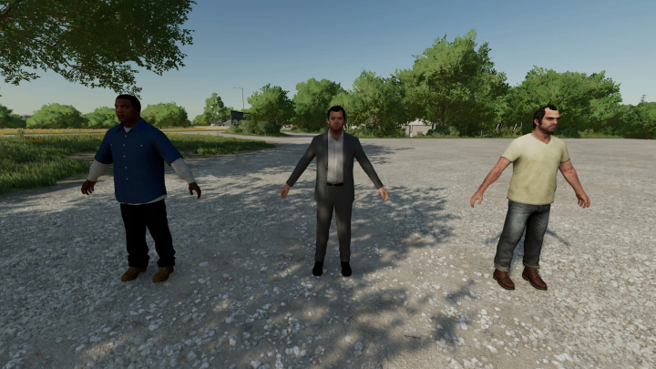 fs22-mods, Three characters in Farming Simulator 22 mod GTA V Trio v1.0.0.0 standing on gravel with trees in background.