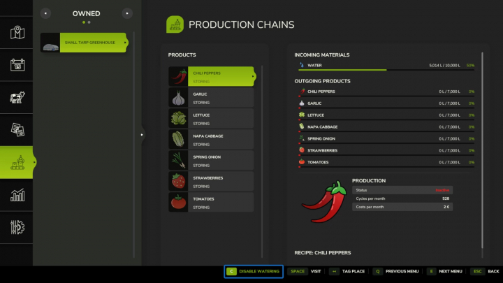 fs25-mods,  FS25 mods image of Production Chains menu showing greenhouse products and water levels.