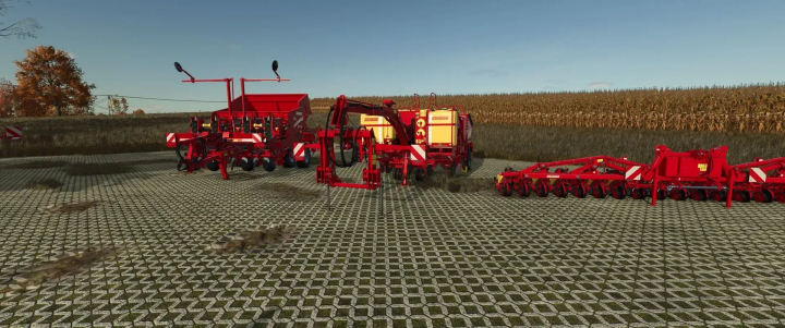 fs25-mods,  Grimme Pack v1.1.0.0 farm equipment mod for FS25 showing various red agricultural machines on cobblestone.