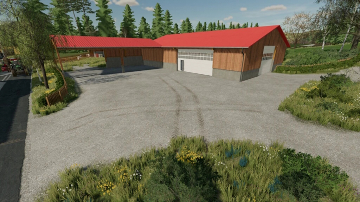 fs25-mods,  Mod FS25 Hall Configurator Wood v1.2.0.0 avec une grange en bois au toit rouge dans un paysage rural.