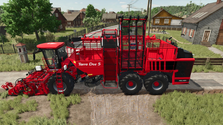 fs25-mods, Red Holmer Terra Dos 5-40 mod in FS25, showcasing the harvester in a rural setting.