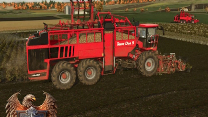 fs25-mods,  Holmer TerraDos T540 harvesting in FS25 mod scene, showcasing machinery and autumn landscape.