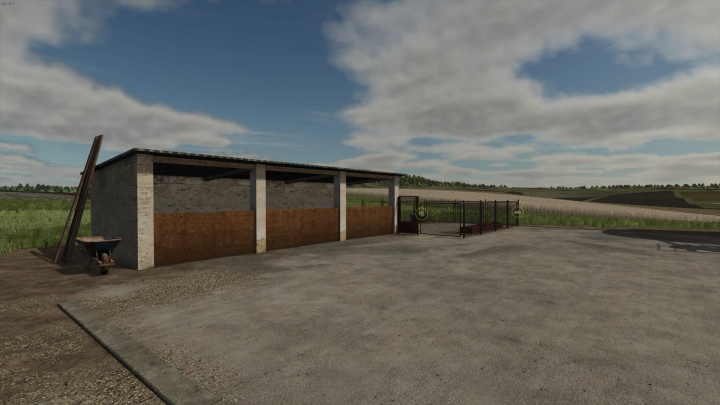 fs25-mods,  Homestead Pig Barn mod in FS25 featuring a rustic barn and fenced area on a farm landscape.