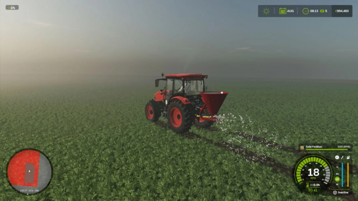 fs25-mods,  FS25 mod IMT Ciklon v1.0.0.0, red tractor spreading fertilizer in a green field at sunrise in Farming Simulator 25.