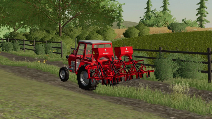 fs22-mods, Mod FS22 IMT Spartac v1.0.0.0, czerwony traktor z sprzętem rolniczym na wiejskiej drodze w Farming Simulator 22.