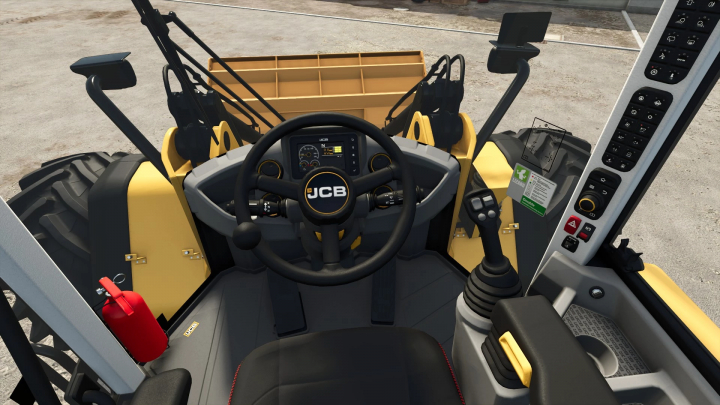 fs25-mods,  Interior view of JCB 435S Stage V mod in FS25, showcasing driver's cabin controls.