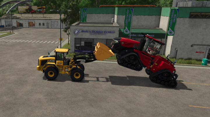 fs25-mods,  JCB WheelLoader lifting a tracked tractor at Axle's Tractor Center in FS25 mod.