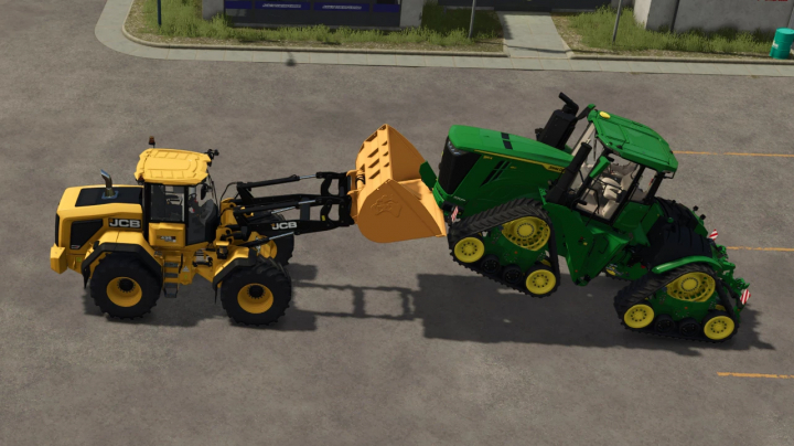 fs25-mods,  JCB WheelLoader lifting a large green tractor in Farming Simulator 25 mod, showcasing FS25 mods.