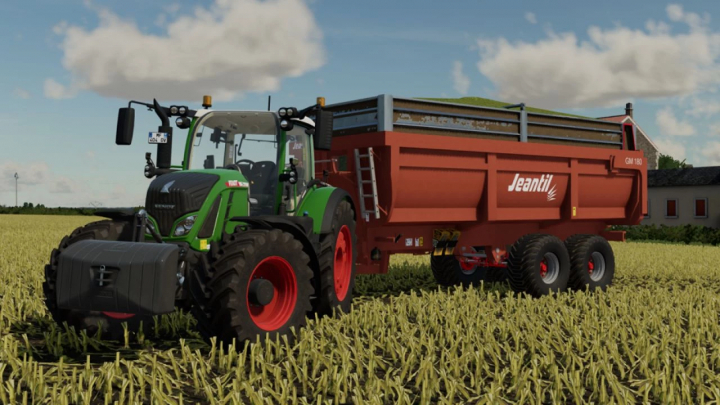 fs22-mods,  FS22 mod Jeantil GM 180 trailer attached to a tractor in a field from Farming Simulator 22.