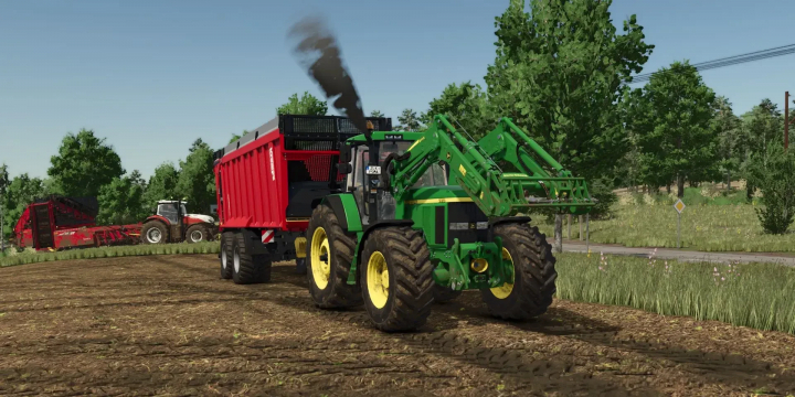 fs25-mods,  John Deere 7810 v1.0.0.0 mod in FS25 with a front loader, hauling a red trailer on a farm field.