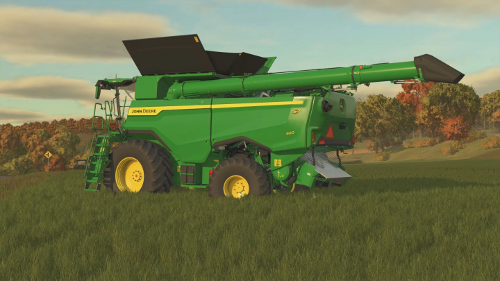 fs25-mods,  John Deere S7 com configurações de pneus no mod FS25 em um campo de grama.