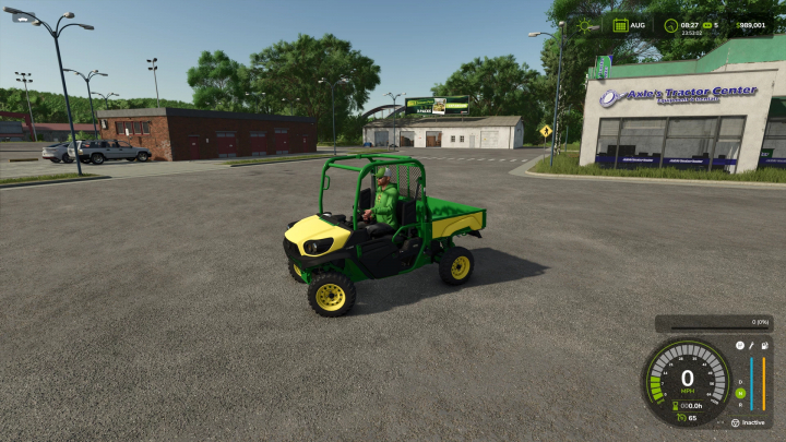 fs25-mods,  FS25 mod John Deere Sidekick Unreal Capacity v1.0.0.0 in green and yellow near Axle's Tractor Center.