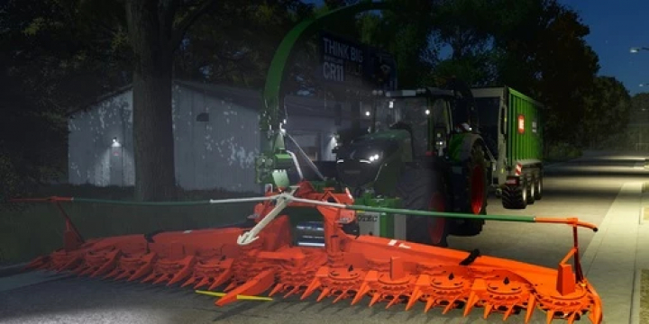 fs25-mods,  FS25 mod: Kemper cutting unit 6 and 9 meters v1.0.0.0 attached to a tractor at night.