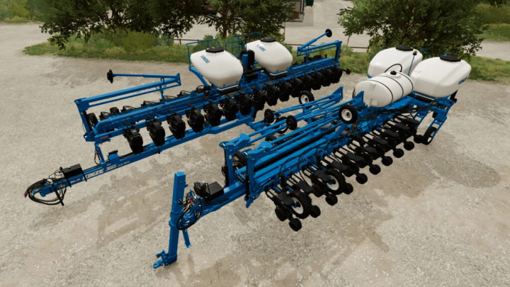 fs22-mods, Kinze Multi-Fruit Planter Pack mod for FS22 showcasing blue planters with white tanks, enhancing Farming Simulator 22.