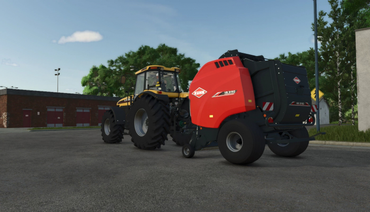 fs25-mods, FS25 mod showing Kuhn VB3190 baler attached to a tractor, set against a farm environment.