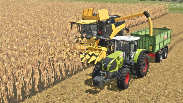 fs22-mods, Farming Simulator 22 LEXION series 5000-8000 mod harvesting corn with a combine and tractor.