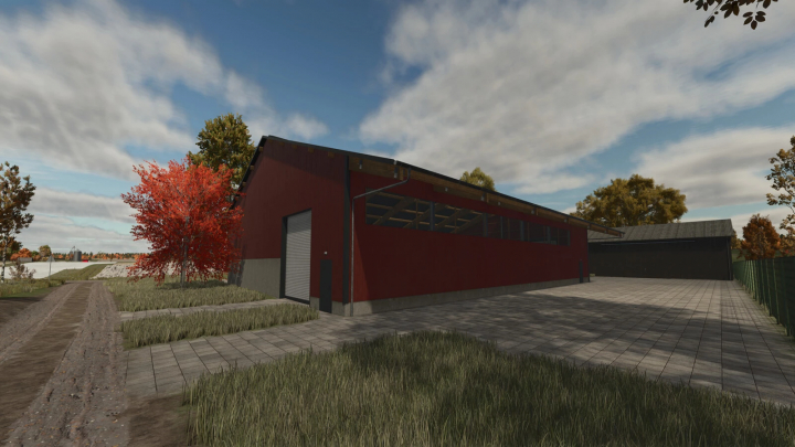 fs25-mods,  Grand hall de stockage dans le mod Large Storage Halls v1.0.0.0 de Farming Simulator 25, avec un bâtiment rouge et un chemin pavé.