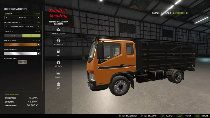 fs25-mods,  FS25-Mod Lizard Dragon v1.0.0.0 Lkw-Anpassungsmenü mit orangefarbener Kabine in Farming Simulator 25.