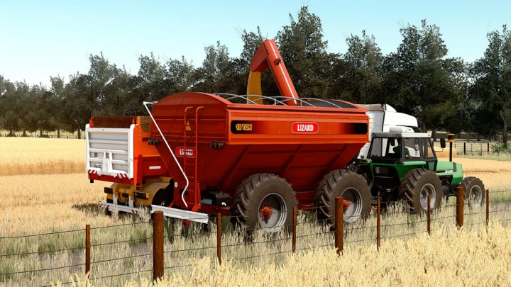 fs22-mods, FS22 mods: Lizard Magnum 18 v1.0.0.0 grain cart attached to a tractor in a wheat field, Farming Simulator 22.