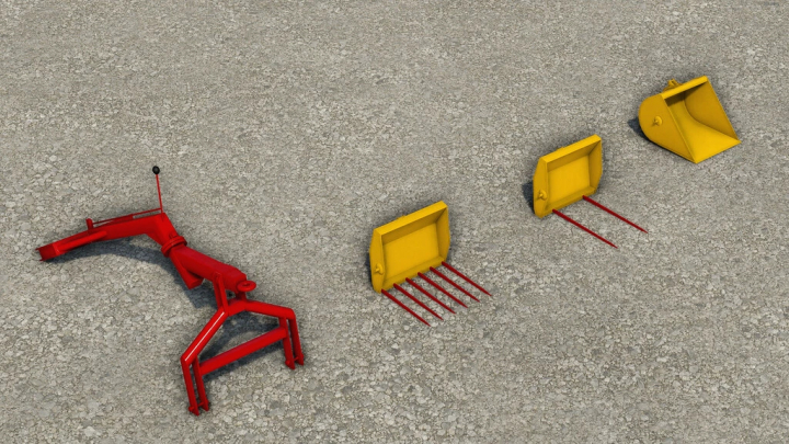 fs22-mods, FS22 mod Lizard Panonija 525 v1.0.0.0 showing red tractor attachment and three yellow tools on gravel.