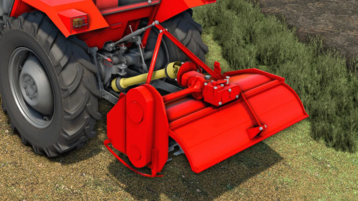 fs22-mods, Lizard TIM 612 mod voor FS22 toont een rode tractorbevestiging op gras.