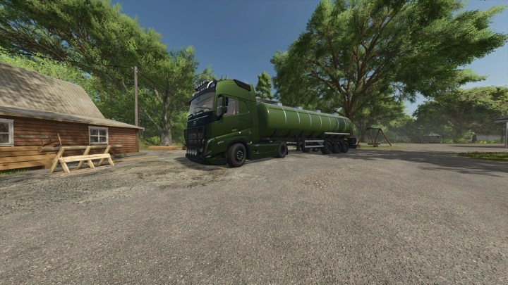 fs25-mods, Camión cisterna verde con mod MKS32 Big Tank and Fast fill en FS25 cerca de una casa de campo.