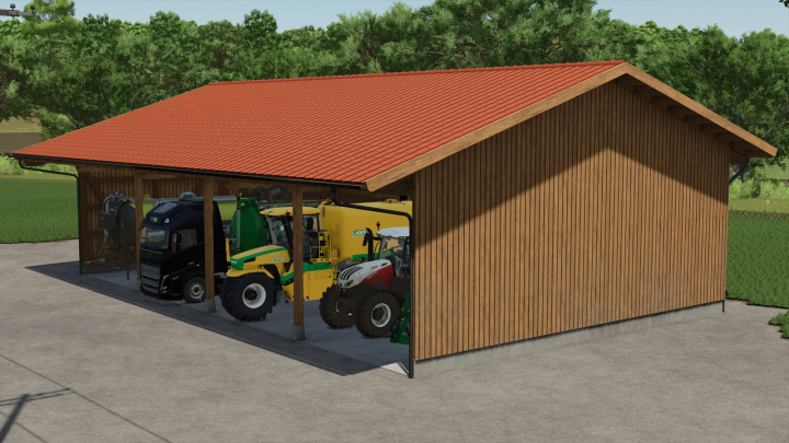 fs25-mods,  FS25 mod: Wooden machine barn with tractors and trucks inside, Farming Simulator 25.