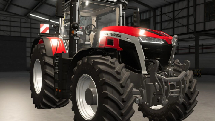 fs25-mods,  Mod trattore Massey Ferguson 9S per FS25 in un fienile scuro, mostrando il suo design robusto e grandi pneumatici.