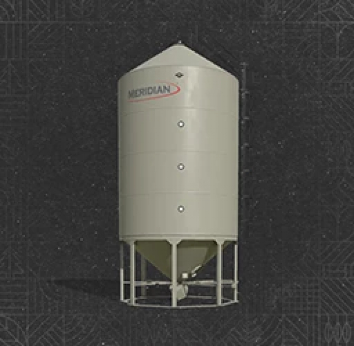 fs25-mods,  Meridian Multisilo mod for FS25, featuring a tall, cylindrical storage silo against a dark background.