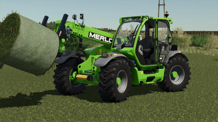 fs25-mods,  Merlo Multifarmer 449 dans le mod FS25 levant une balle de foin