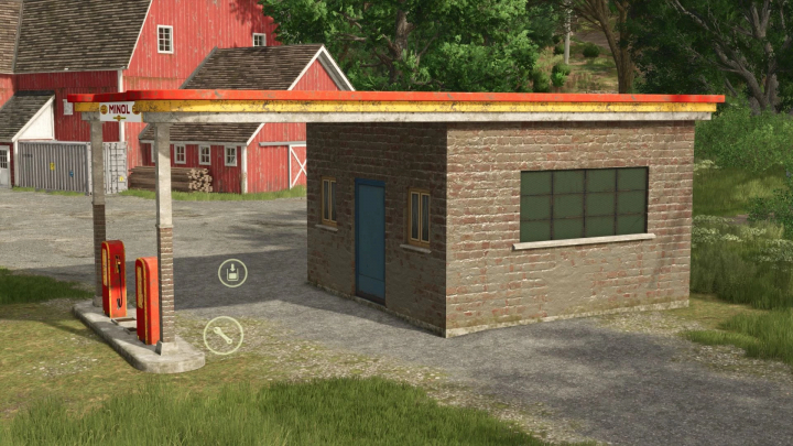 fs25-mods,  FS25 Minol gas station mod with vintage pumps and brick building in Farming Simulator 25.