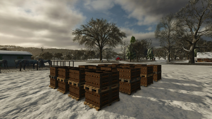 fs25-mods,  FS25 mods: Honey pallets stacked in snowy field, More Honey Pallet Place Options mod v1.0.0.0 in Farming Simulator 25.