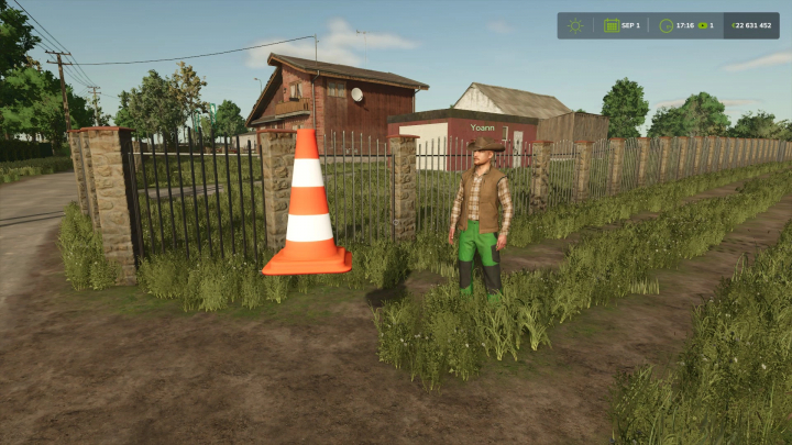 fs25-mods,  FS25 mod Movable Traffic Cone v1.0.0.0 near a character on a farm.