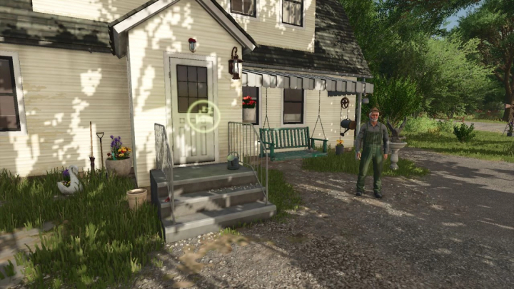 fs25-mods,  FS25 No Sleep mod showing a character near a farmhouse with garden decor.